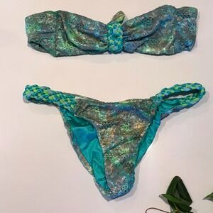 Beach Bunny‎ Sugar Magnolia Bikini Green Gold Lace XS Top L Ruched Bottom Rare